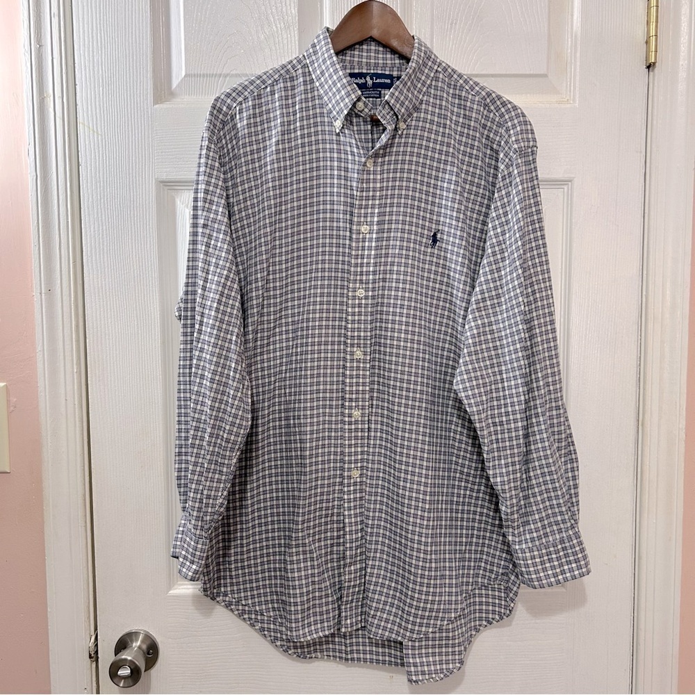 POLO Ralph Lauren Button Down Shirt Men's Yarmouth Blue Plaid Size Large Neck 16